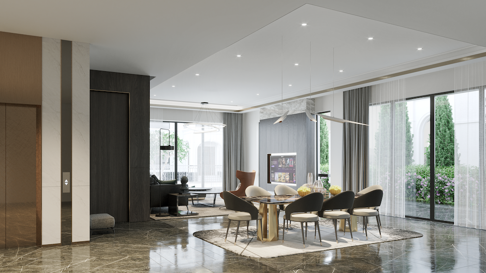 Phòng khách của biệt thự Thảo Viên Villas được thiết kế với cửa chính và cửa sổ là những tấm kính lớn tạo không gian thoáng rộng chan hòa với thiên nhiên.