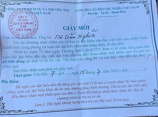 Giấy mời núp bóng “tri ân người lính”, để bán hàng trái phép. Giấy mời núp bóng “tri ân người lính”, để bán hàng trái phép.
