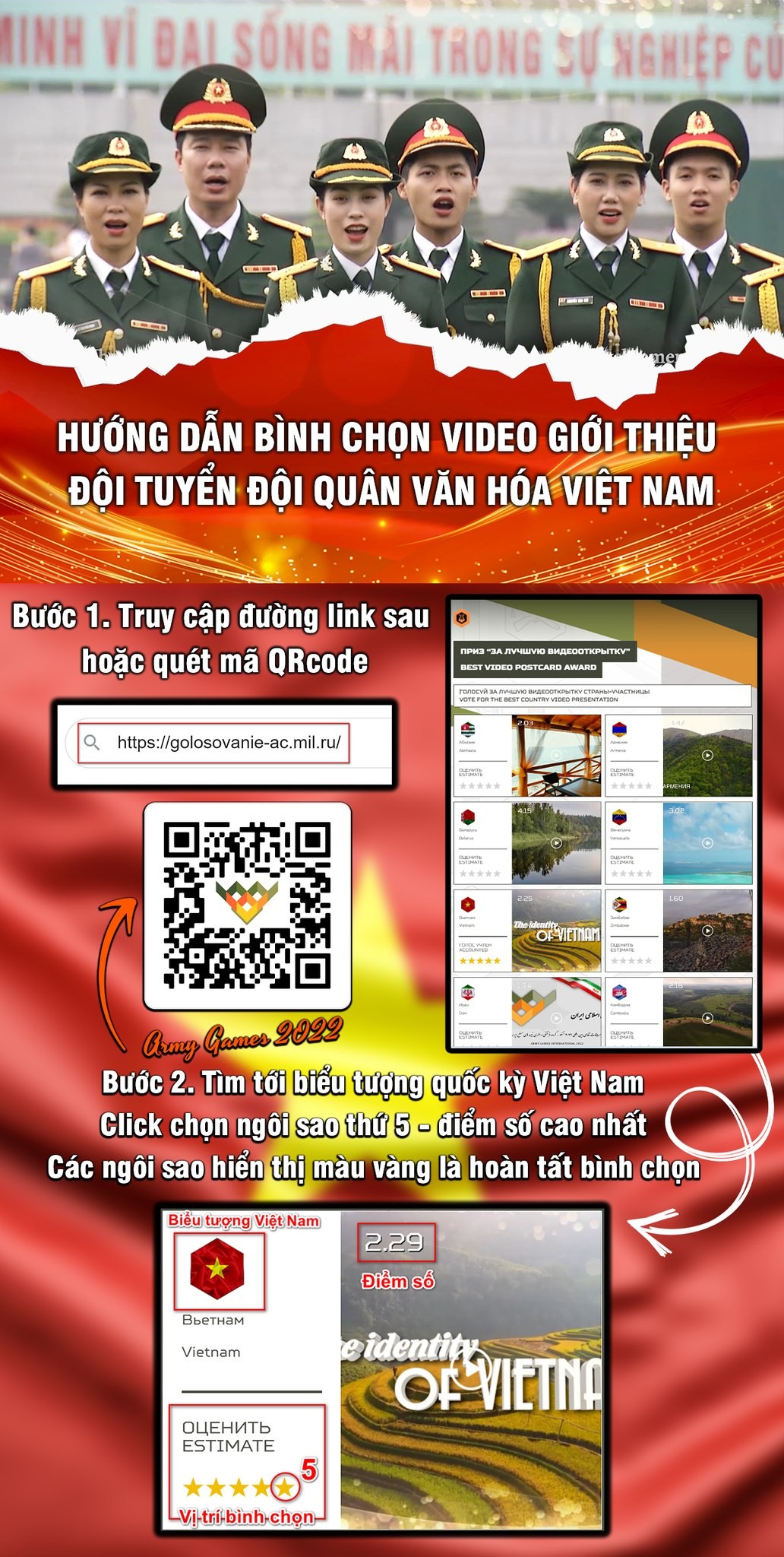 Bình chọn video giới thiệu “Đội quân Văn hóa” cho Đội tuyển QĐND Việt Nam tại Army Games 2022 Bình chọn video giới thiệu “Đội quân Văn hóa” cho Đội tuyển QĐND Việt Nam tại Army Games 2022