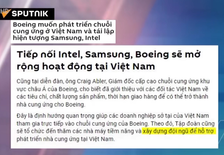 Trang Sputniik của Nga cũng trích dẫn phỏng vấn ông Craug Abler, Giám đốc cấp cao chuỗi cung ứng khu vực châu Á của Boeing Trang Sputniik của Nga cũng trích dẫn phỏng vấn ông Craug Abler, Giám đốc cấp cao chuỗi cung ứng khu vực châu Á của Boeing