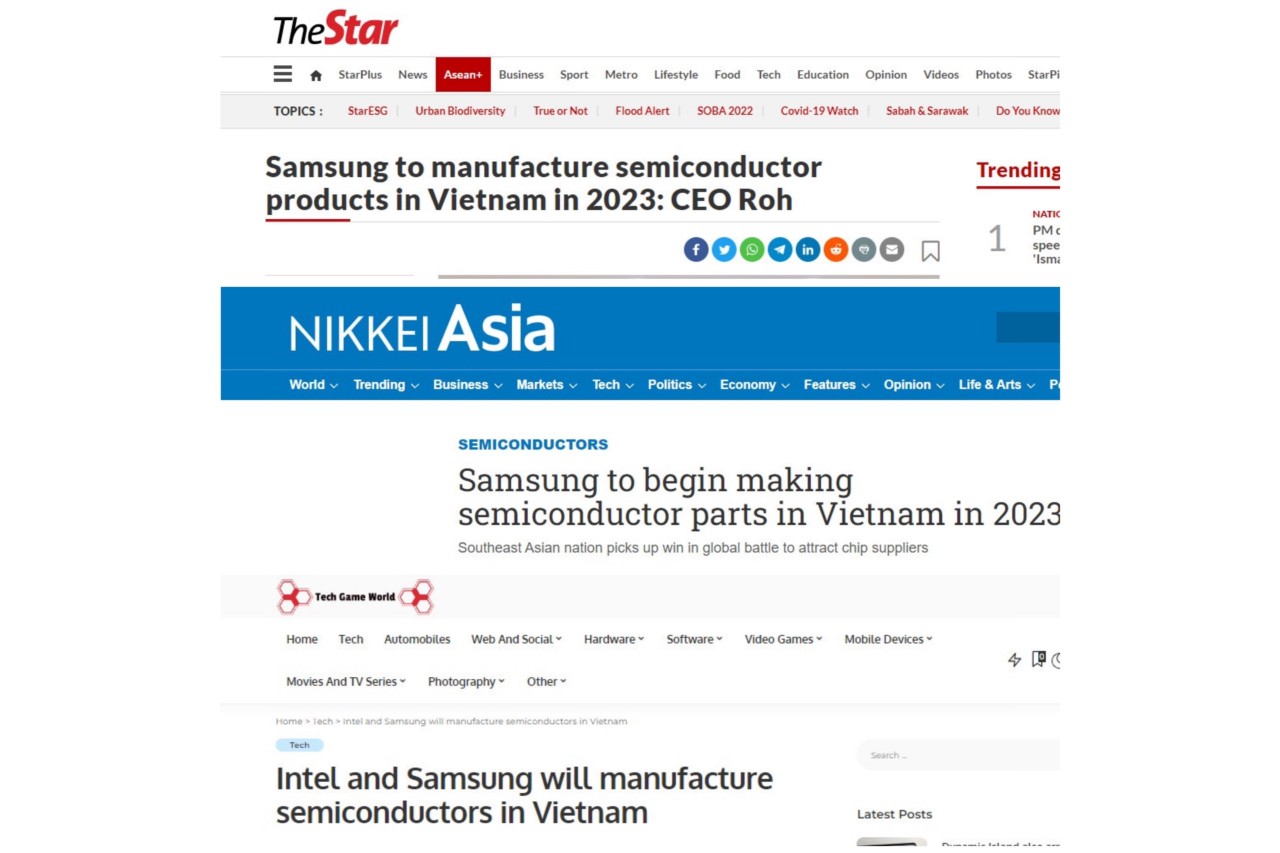 một loạt các trang báo như NikkeiAsia, TheStar, Tech Game World đã đưa tin “Samsung sản xuất bán dẫn ở Việt Nam từ năm 2023” (Ảnh chụp mành hình). một loạt các trang báo như NikkeiAsia, TheStar, Tech Game World đã đưa tin “Samsung sản xuất bán dẫn ở Việt Nam từ năm 2023” (Ảnh chụp mành hình).