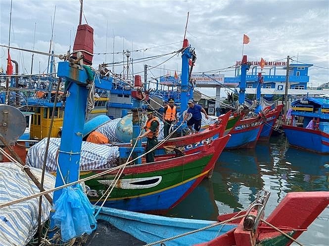 Lực lượng biên phòng Quảng Ngãi giúp ngư dân neo trú tàu thuyền phòng tránh bão những ngày qua. (Ảnh: Đinh Hương/TTXVN) Lực lượng biên phòng Quảng Ngãi giúp ngư dân neo trú tàu thuyền phòng tránh bão những ngày qua. (Ảnh: Đinh Hương/TTXVN)