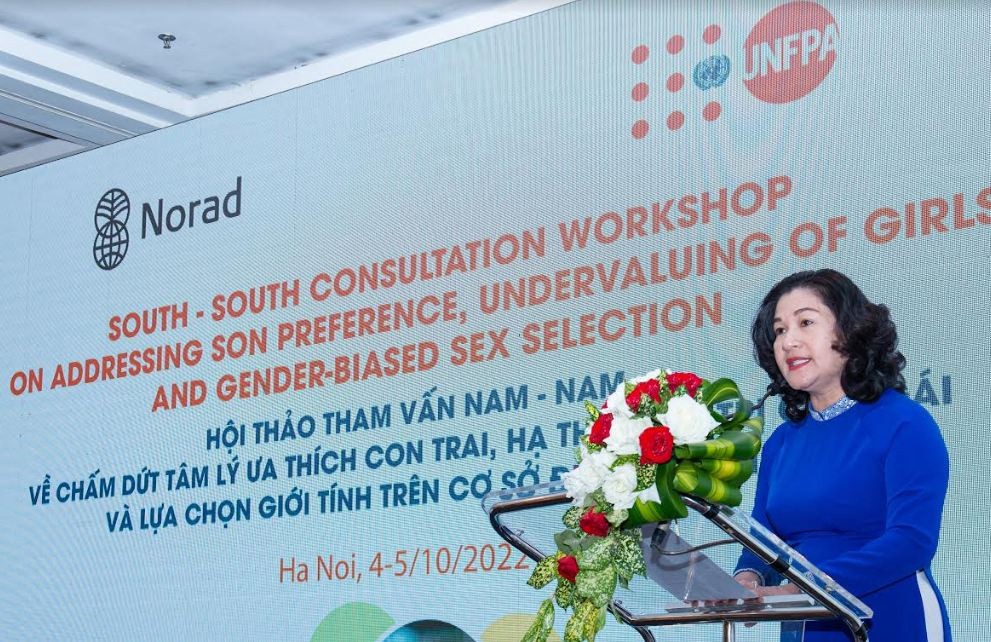 Nguyen Thi Ha, vice minister of Labour, Invalids and Social Affairs delivers a speech at the two-day workshop on son preference, undervaluing of girls and gender-biased sex selection. Source: UNFPA Vietnam Nguyen Thi Ha, vice minister of Labour, Invalids and Social Affairs delivers a speech at the two-day workshop on son preference, undervaluing of girls and gender-biased sex selection. Source: UNFPA Vietnam