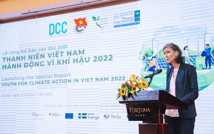 Đại diện UNDP Ramla Al Khalidi phát biểu khai mạc buổi lễ. (Ảnh: UNDP Việt Nam) Đại diện UNDP Ramla Al Khalidi phát biểu khai mạc buổi lễ. (Ảnh: UNDP Việt Nam)