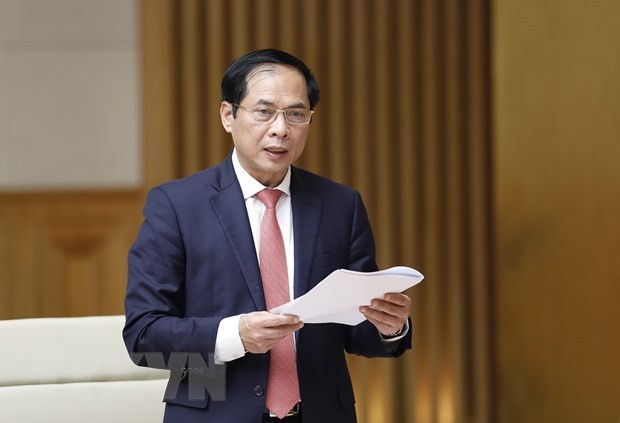 Bộ trưởng Bộ ngoại giao Bùi Thanh Sơn, Tổ trưởng Tổ công tác của Chính phủ về ngoại giao vaccine báo cáo công tác(Ảnh: Dương Giang/TTXVN). Bộ trưởng Bộ ngoại giao Bùi Thanh Sơn, Tổ trưởng Tổ công tác của Chính phủ về ngoại giao vaccine báo cáo công tác(Ảnh: Dương Giang/TTXVN).