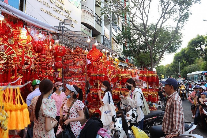 Bustling Tet Holiday Shopping in the Street Vietnamese Citizens Head to the Streets for Tet Holiday Shopping