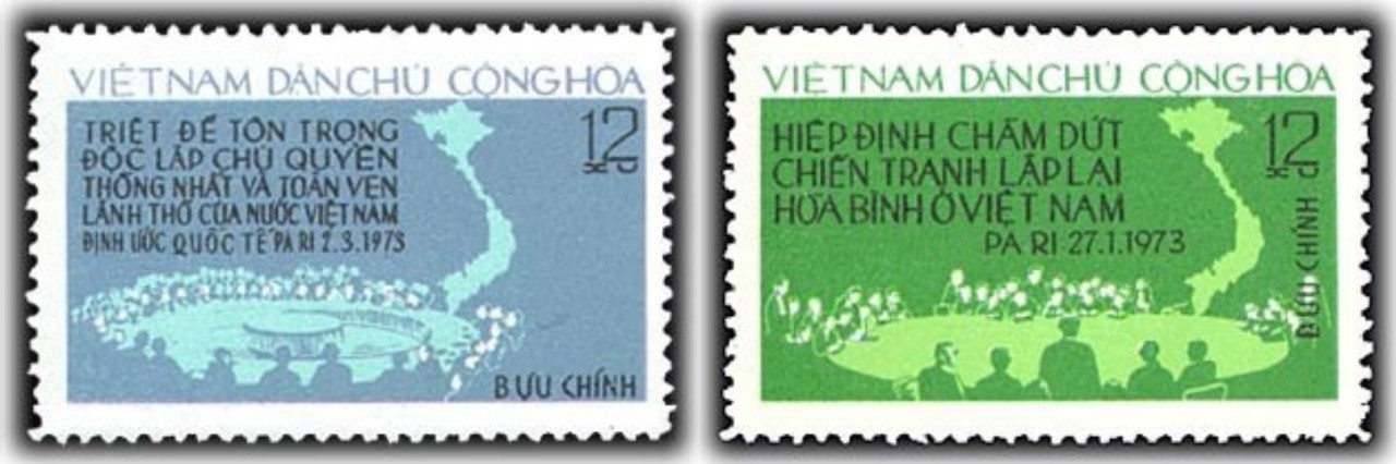 bộ tem “Hiệp định Pa-ri 1973 về Việt Nam” (Ảnh: bộ tem “Hiệp định Pa-ri 1973 về Việt Nam” (Ảnh: