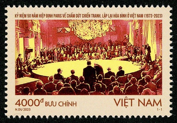 Mẫu bộ tem “Kỷ niệm 50 năm Hiệp định Paris về chấm dứt chiến tranh, lập lại hòa bình ở Việt Nam (1973-2023)” (Ảnh: vnpost.vn). Mẫu bộ tem “Kỷ niệm 50 năm Hiệp định Paris về chấm dứt chiến tranh, lập lại hòa bình ở Việt Nam (1973-2023)” (Ảnh: vnpost.vn).