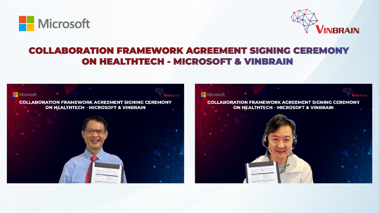 Lễ Ký kết Thỏa Thuận Khung Hợp tác trong Lĩnh vực Công nghệ Y tế giữa Đại diện VinBrain, TGĐ Trương Quốc Hùng và Đại diện Microsoft Hoa Kỳ, GĐ Kỹ Thuật, Tiến sĩ Yumao Lu Lễ Ký kết Thỏa Thuận Khung Hợp tác trong Lĩnh vực Công nghệ Y tế giữa Đại diện VinBrain, TGĐ Trương Quốc Hùng và Đại diện Microsoft Hoa Kỳ, GĐ Kỹ Thuật, Tiến sĩ Yumao Lu