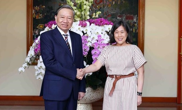Politburo member and Minister of Public Security To Lam (L) and visiting US Trade Representative Katherine Tai at their meeting in Hanoi on February 13, 2023. Photo: VNA Politburo member and Minister of Public Security To Lam (L) and visiting US Trade Representative Katherine Tai at their meeting in Hanoi on February 13, 2023. Photo: VNA