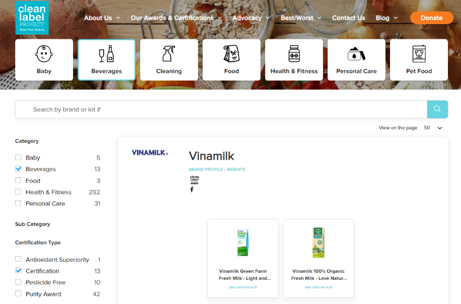 Sữa tươi đầu tiên trên thế giới đạt chứng nhận của Tổ chức Clean Label Project thuộc "Nhà Vinamilk" Sữa tươi đầu tiên trên thế giới đạt chứng nhận của Tổ chức Clean Label Project thuộc "Nhà Vinamilk"