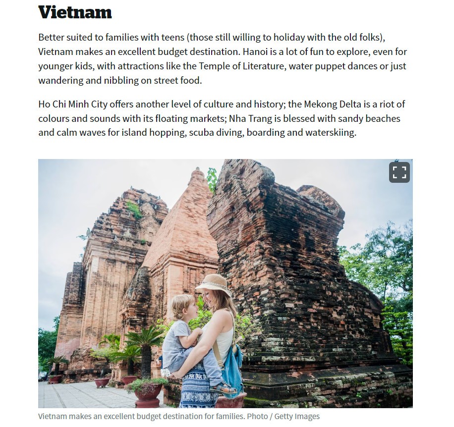 Thời báo New Zealand NzHerald đưa tin Việt Nam là điểm đến lý tưởng tại châu Á cho kỳ nghỉ gia đình (Ảnh chụp màn hình). Thời báo New Zealand NzHerald đưa tin Việt Nam là điểm đến lý tưởng tại châu Á cho kỳ nghỉ gia đình (Ảnh chụp màn hình).