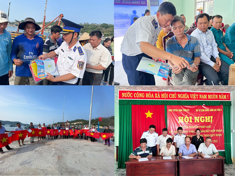 Bộ Tư lệnh Vùng Cảnh sát biển 4 tuyên truyền, phát tờ rơi, tặng cờ Tổ quốc cho ngư dân và các chủ phương tiện ký cam kết không vi phạm quy định khai thác IUU. Bộ Tư lệnh Vùng Cảnh sát biển 4 tuyên truyền, phát tờ rơi, tặng cờ Tổ quốc cho ngư dân và các chủ phương tiện ký cam kết không vi phạm quy định khai thác IUU.