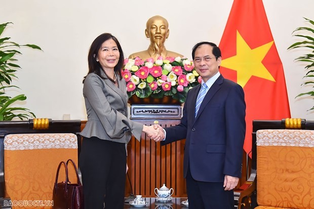 Foreign Minister Bui Thanh Son receives UN Resident Coordinator in Vietnam Pauline Tamesis in Hanoi on April 12. Photo: TG&VN Foreign Minister Bui Thanh Son receives UN Resident Coordinator in Vietnam Pauline Tamesis in Hanoi on April 12. Photo: TG&VN