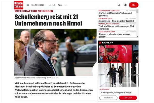 Kronen Zeitung, a daily newspaper founded in 1900 and has the largest circulation in Austria, runs an article about Austrian Federal Minister for European and International Affairs Alexander Schallenberg's official visit to Vietnam. Photo: screenshot Kronen Zeitung, a daily newspaper founded in 1900 and has the largest circulation in Austria, runs an article about Austrian Federal Minister for European and International Affairs Alexander Schallenberg's official visit to Vietnam. Photo: screenshot