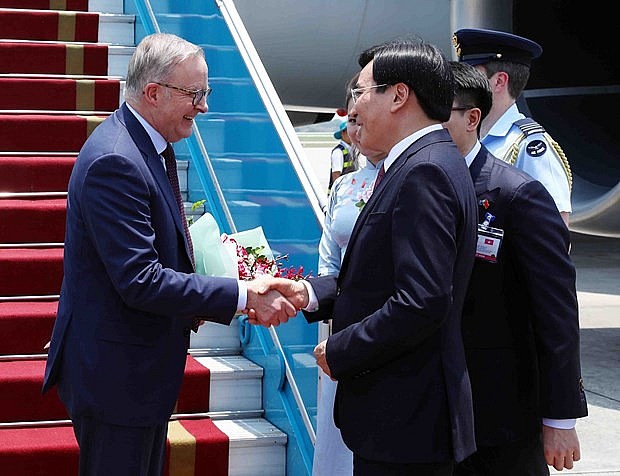 Australian Prime Minister Anthony Albanese (left) is welcomed at the Noi Bai International Airport by Minister – Chairman of the Vietnamese Government Office Tran Van Son. (Photo: VNA) 