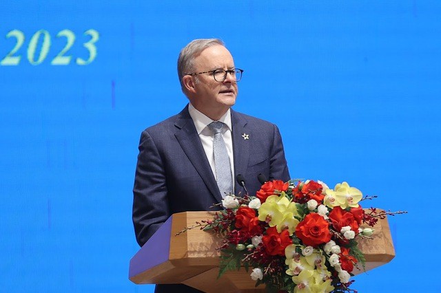 Thủ tướng Australia Anthony Albanese phát biểu tại cuộc gặp gỡ báo chí (Ảnh: VGP). Thủ tướng Australia Anthony Albanese phát biểu tại cuộc gặp gỡ báo chí (Ảnh: VGP).