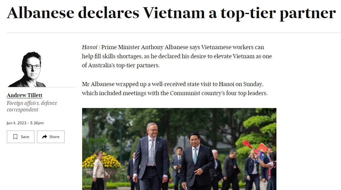 The Financial Review's correspondent also wrote a piece stressing that PM Albanese says Vietnamese workers can help fill skills shortages, as he declared his desire to elevate Vietnam as one of Australia’s top-tier partners. The Financial Review's correspondent also wrote a piece stressing that PM Albanese says Vietnamese workers can help fill skills shortages, as he declared his desire to elevate Vietnam as one of Australia’s top-tier partners.
