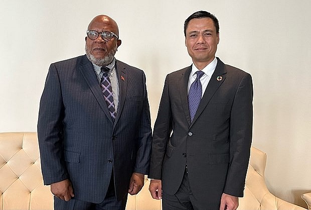 Ambassador Dang Hoang Giang (R) and President of the 78th session of the UN General Assembly Ambassador Dennis Francis (Photo: VNA) Ambassador Dang Hoang Giang (R) and President of the 78th session of the UN General Assembly Ambassador Dennis Francis (Photo: VNA)