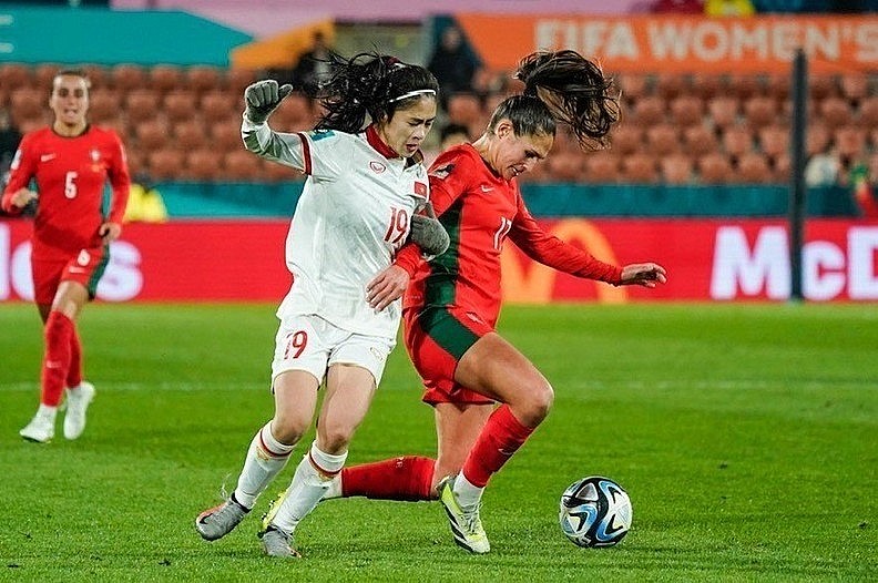 Vietnam’s Thanh Nha (no. 19) in action during their second group match against Portugal at the 2023 FIFA Women’s World Cup on July 27. Vietnam’s Thanh Nha (no. 19) in action during their second group match against Portugal at the 2023 FIFA Women’s World Cup on July 27.
