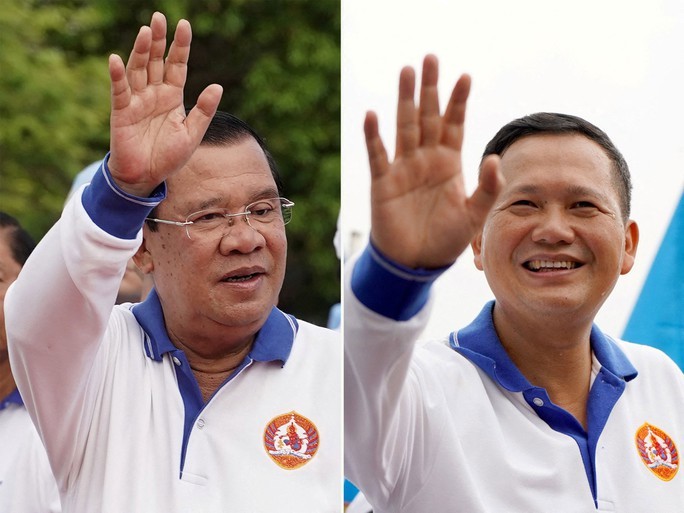 Thủ tướng Hun Sen (trái) và ông Hun Manet tham gia các cuộc vận động tranh cử ở thủ đô Phnom Penh - Campuchia trong tháng 7 Ảnh: REUTERS Thủ tướng Hun Sen (trái) và ông Hun Manet tham gia các cuộc vận động tranh cử ở thủ đô Phnom Penh - Campuchia trong tháng 7 Ảnh: REUTERS