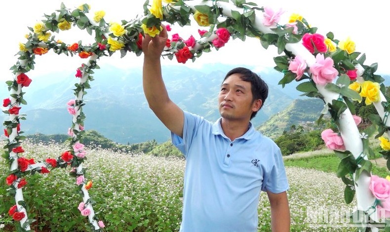 Làm đẹp đồi hoa tam giác mạch để đón khách tới thăm. (Ảnh: ĐÌNH NAM) Làm đẹp đồi hoa tam giác mạch để đón khách tới thăm. (Ảnh: ĐÌNH NAM)