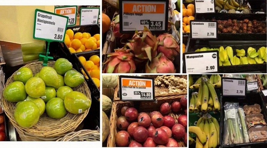 Some of Vietnamese farm products available for sales at supermarkets in Switzerland. (Photo: SVBG) Some of Vietnamese farm products available for sales at supermarkets in Switzerland. (Photo: SVBG)