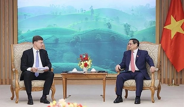 Prime Minister Pham Minh Chinh (R) and European Commission (EC) Executive Vice President Valdis Dombrovskis, who is also the EU's Trade Commissioner. (Photo: VNA) Prime Minister Pham Minh Chinh (R) and European Commission (EC) Executive Vice President Valdis Dombrovskis, who is also the EU's Trade Commissioner. (Photo: VNA)