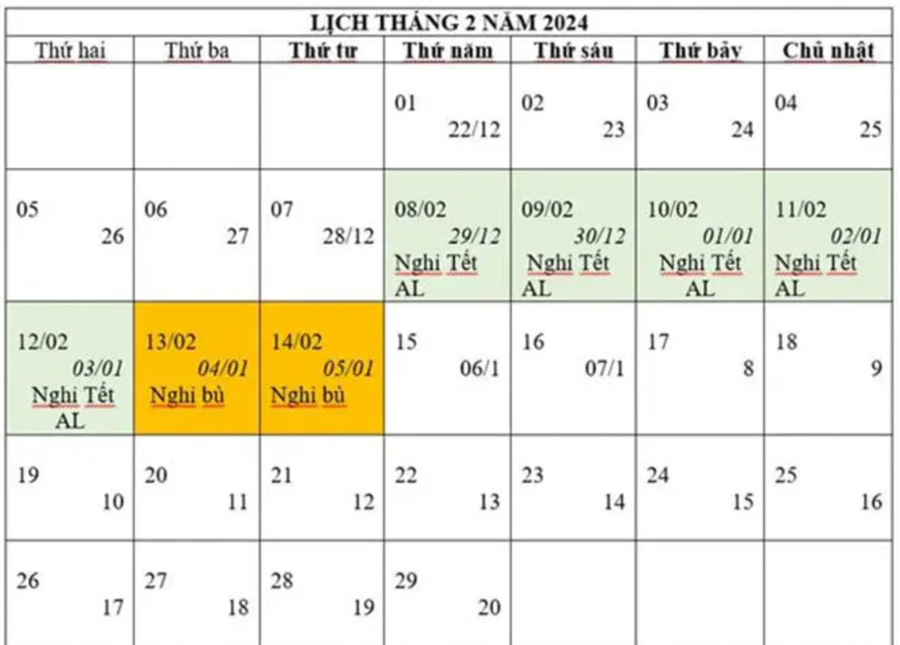 Lịch nghỉ tết Nguyên đán Giáp Thìn 2024 Lịch nghỉ tết Nguyên đán Giáp Thìn 2024