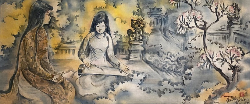 Women wearing ao dai, traditional musical instruments and flowers are always the main themes in the works of artist Tu Duyen. Women wearing ao dai, traditional musical instruments and flowers are always the main themes in the works of artist Tu Duyen.