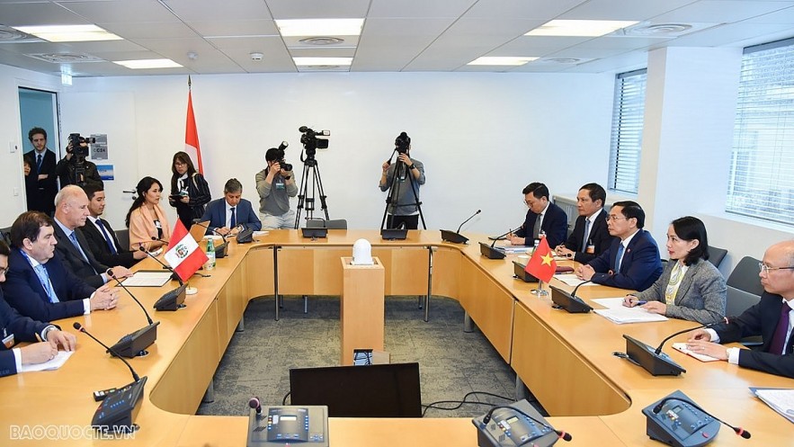 Vietnamese Foreign Minister Bui Thanh Son and his Peruvian counterpart Javier Gonzalez Olaechea meets in Paris on May 2, on the sidelines of the 2024 OECD Ministerial Council Meeting. (Photo: baoquocte.vn) Vietnamese Foreign Minister Bui Thanh Son and his Peruvian counterpart Javier Gonzalez Olaechea meets in Paris on May 2, on the sidelines of the 2024 OECD Ministerial Council Meeting. (Photo: baoquocte.vn)