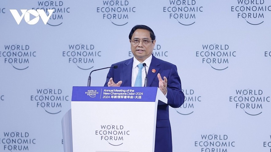 Vietnamese Prime Minister Pham Minh Chinh speaks during his exchange with startup and innovation businesses of the World Economic Forum in Dalian, China, on June 25. Vietnamese Prime Minister Pham Minh Chinh speaks during his exchange with startup and innovation businesses of the World Economic Forum in Dalian, China, on June 25.
