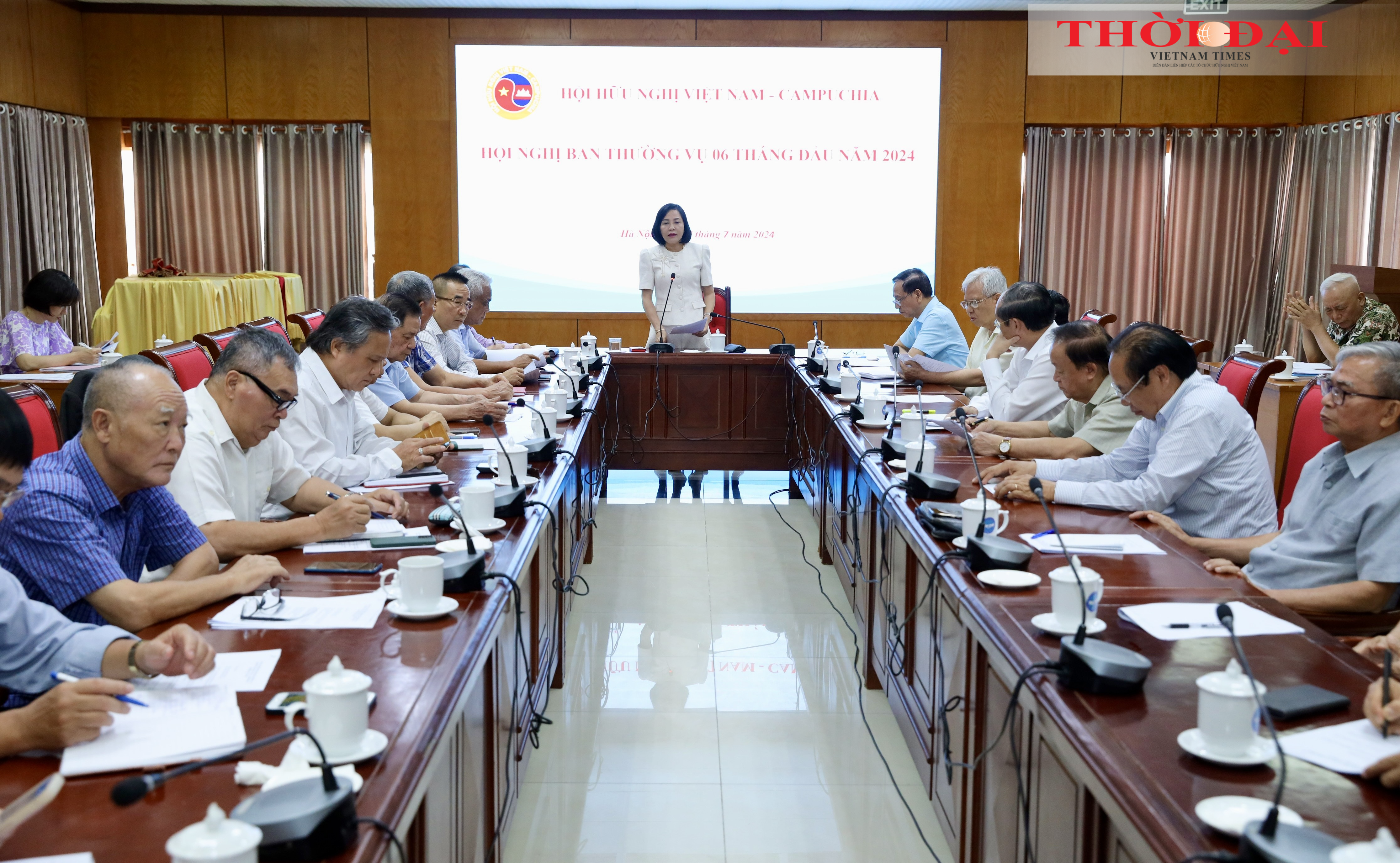 Chủ tịch Hội hữu nghị Việt Nam – Campuchia Nguyễn Thị Thanh phát biểu tại Hội nghị. (Ảnh: Đinh Hòa)