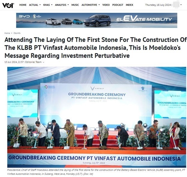 Truyền thông Indonesia đưa tin, Chánh văn phòng Tổng thống đánh giá cao dự án Nhà máy VinFast. Truyền thông Indonesia đưa tin, Chánh văn phòng Tổng thống đánh giá cao dự án Nhà máy VinFast.