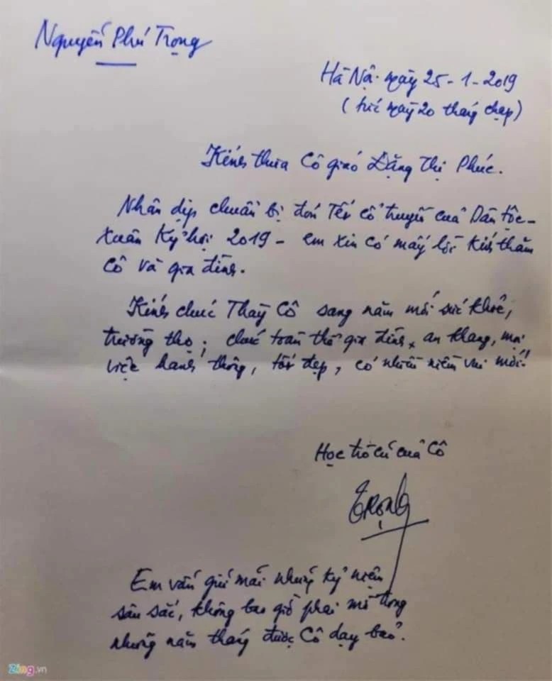 Cô giáo Đặng Thị Phúc là giáo viên dạy tiểu học của Tổng Bí thư, cũng là người mà Tổng Bí thư đã cất công tìm kiếm rất lâu. Khi tìm lại được cô, Tổng Bí thư đã trực tiếp đến tận nhà thăm hỏi và thường gửi thư kính thăm mỗi dịp Lễ, Tết hàng năm. Bức thư giản dị nhưng chứa đầy ân tình được Tổng Bí thư viết, gửi cô giáo cũ vào dịp đón Xuân Kỷ Hợi 2019. Bức thư có đoạn viết: Những hình ảnh gần gũi, bình dị của Tổng Bí thư Nguyễn Phú Trọng