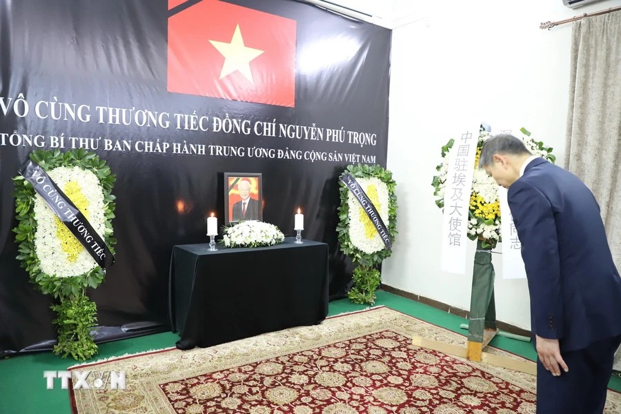 Đại sứ Trung Quốc tại Cairo (Ai Cập) Liêu Lực Cường viếng Tổng Bí thư Nguyễn Phú Trọng. (Ảnh: TTXVN) Đại sứ Trung Quốc tại Cairo (Ai Cập) Liêu Lực Cường viếng Tổng Bí thư Nguyễn Phú Trọng. (Ảnh: TTXVN)