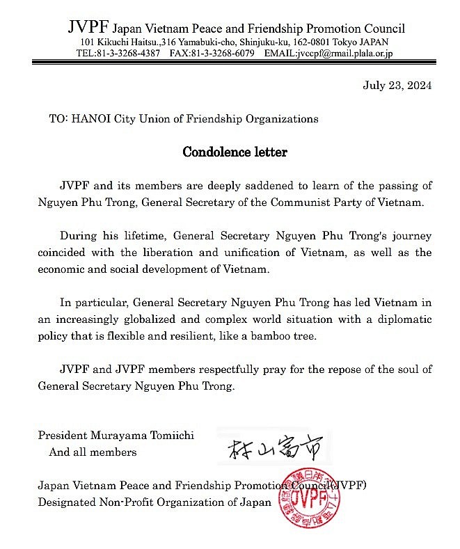 JVPF, Japan-Vietnam Friendship Association in Kawasaki Send Condolences to Vietnamese People JVPF, Japan-Vietnam Friendship Association in Kawasaki Send Condolences to Vietnamese People