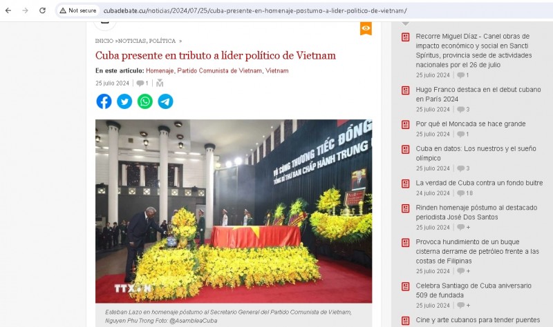 Truyền thông Cuba đưa tin về lễ tang Tổng Bí thư Nguyễn Phú Trọng. Truyền thông Cuba đưa tin về lễ tang Tổng Bí thư Nguyễn Phú Trọng.