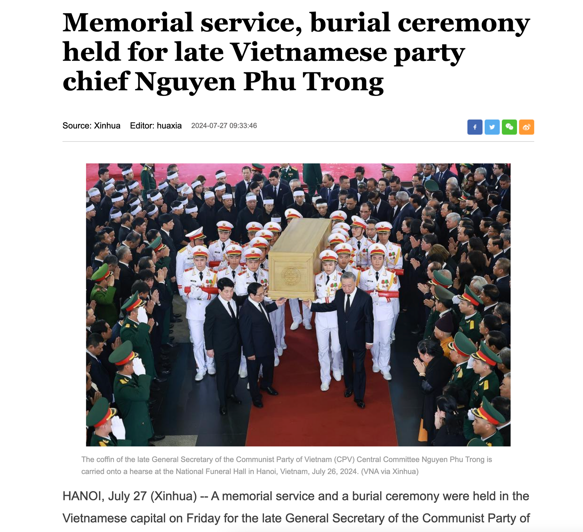 Nội dung của Tân Hoa xã ngày 27-7 về lễ Quốc tang Tổng Bí thư Nguyễn Phú Trọng. (Ảnh chụp màn hình) Nội dung của Tân Hoa xã ngày 27-7 về lễ Quốc tang Tổng Bí thư Nguyễn Phú Trọng. (Ảnh chụp màn hình)