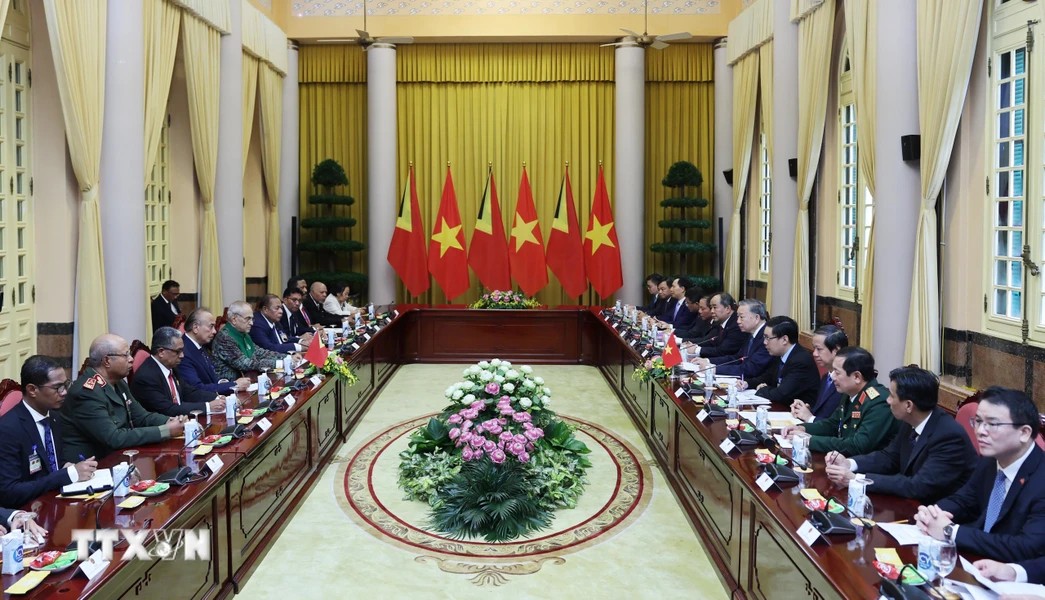Chủ tịch nước Tô Lâm hội đàm với Tổng thống Timor Leste José Ramos-Horta sáng 1/8/2024. (Ảnh: TTXVN) Chủ tịch nước Tô Lâm hội đàm với Tổng thống Timor Leste José Ramos-Horta sáng 1/8/2024. (Ảnh: TTXVN)