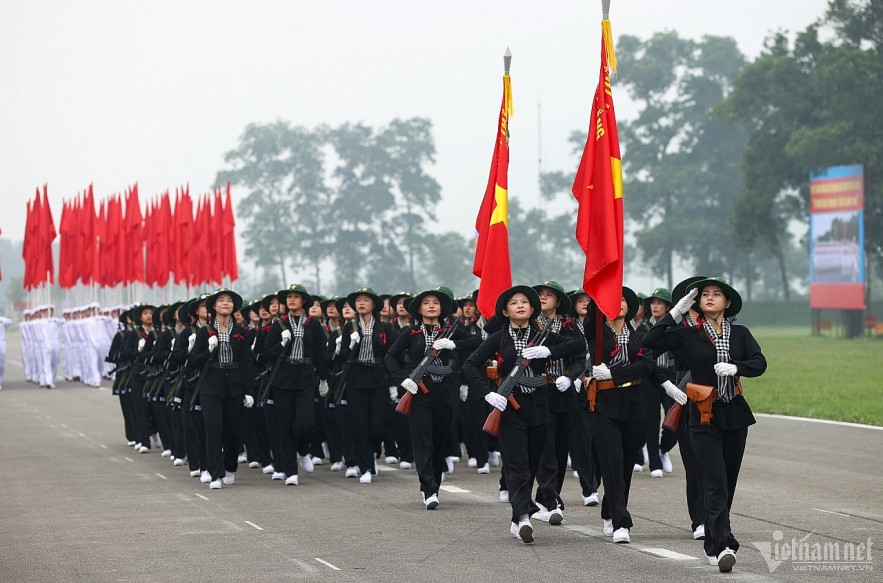 Female militia members from Southern Vietnam rehearse for the 70th anniversary of the Dien Bien Phu Victory. Photo: Pham Hai. Female militia members from Southern Vietnam rehearse for the 70th anniversary of the Dien Bien Phu Victory. Photo: Pham Hai.