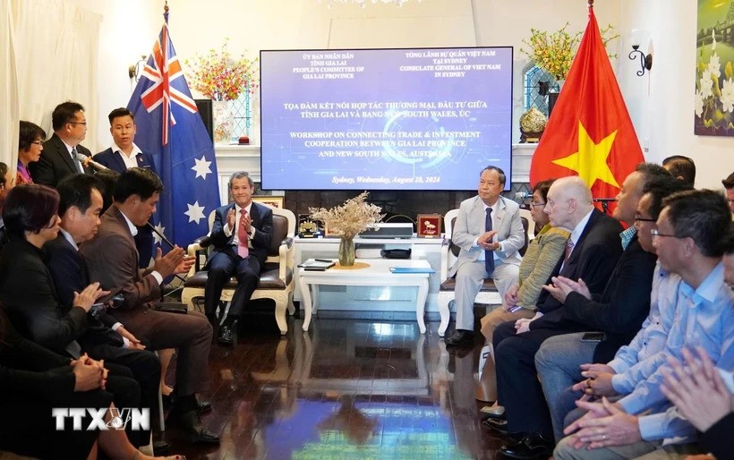 Diễn đàn kết nối hợp tác thương mại và đầu tư giữa tỉnh Gia Lai của Việt Nam với bang New South Wales của Australia. (Ảnh: Lê Đạt/TTXVN) Diễn đàn kết nối hợp tác thương mại và đầu tư giữa tỉnh Gia Lai của Việt Nam với bang New South Wales của Australia. (Ảnh: Lê Đạt/TTXVN)