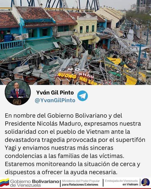 Venezuela gửi thông điệp đoàn kết và sẵn sàng hỗ trợ Việt Nam khắc phục hậu quả bão Yagi Venezuela gửi thông điệp đoàn kết và sẵn sàng hỗ trợ Việt Nam khắc phục hậu quả bão Yagi