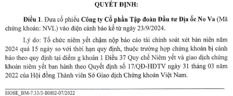 Cổ phiếu NVL vào diện cảnh báo, thị giá về sát đáy lịch sử Cổ phiếu NVL vào diện cảnh báo, thị giá về sát đáy lịch sử