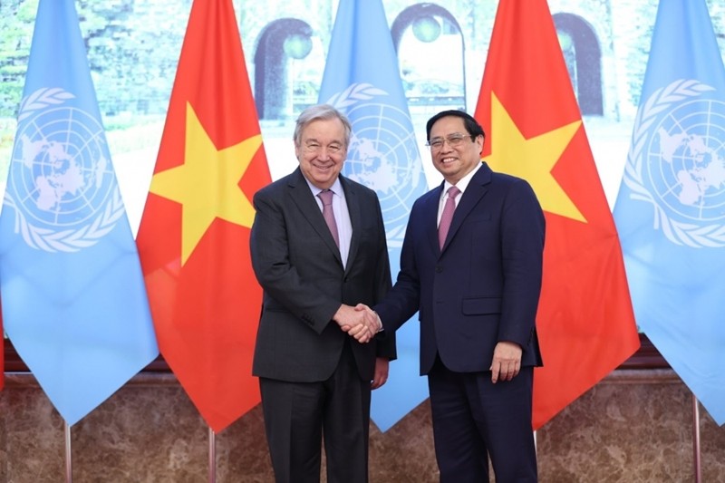 Ngày 22/10/2022, tại trụ sở Chính phủ, Thủ tướng Phạm Minh Chính tiếp Tổng Thư ký Liên Hợp Quốc (LHQ) António Guterres trong chuyến thăm chính thức Việt Nam nhân dịp kỷ niệm 45 năm Việt Nam tham gia Liên hợp quốc. (Ảnh: VGP) Ngày 22/10/2022, tại trụ sở Chính phủ, Thủ tướng Phạm Minh Chính tiếp Tổng Thư ký Liên Hợp Quốc (LHQ) António Guterres trong chuyến thăm chính thức Việt Nam nhân dịp kỷ niệm 45 năm Việt Nam tham gia Liên hợp quốc. (Ảnh: VGP)