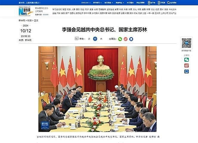 Xinhua reports on the meeting between Vietnamese Party General Secretary and President To Lam and Chinese Premier Li Qiang. (Photo: VNA) Xinhua reports on the meeting between Vietnamese Party General Secretary and President To Lam and Chinese Premier Li Qiang. (Photo: VNA)