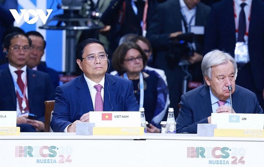 Vietnamese Prime Minister Pham Minh Chinh joins other leaders at the plenary session of the 16th BRICS Summit in Kazan, Russia, on October 24. Vietnamese Prime Minister Pham Minh Chinh joins other leaders at the plenary session of the 16th BRICS Summit in Kazan, Russia, on October 24.