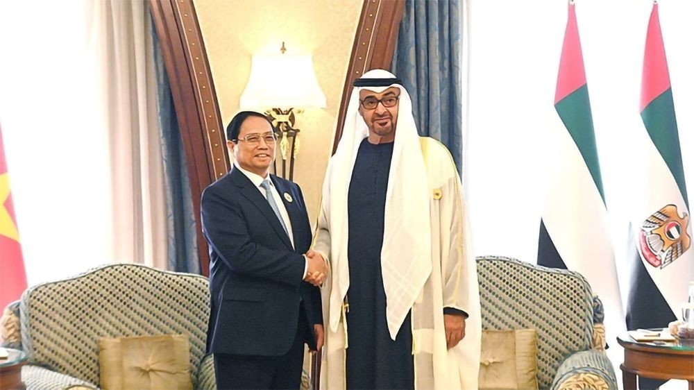 Thủ tướng Phạm Minh Chính gặp Tổng thống UAE Mohamed bin Zayed Al Nahyan nhân chuyến tham dự Hội nghị cấp cao ASEAN-Hội đồng Hợp tác vùng Vịnh (GCC), ngày 20/10/2023. (Ảnh: TTXVN) Thủ tướng Phạm Minh Chính gặp Tổng thống UAE Mohamed bin Zayed Al Nahyan nhân chuyến tham dự Hội nghị cấp cao ASEAN-Hội đồng Hợp tác vùng Vịnh (GCC), ngày 20/10/2023. (Ảnh: TTXVN)