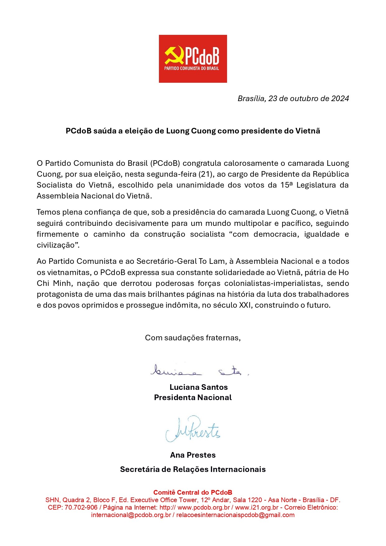 Thư chúc mừng của Đảng Cộng sản Brazil (PCdoB). Thư chúc mừng của Đảng Cộng sản Brazil (PCdoB).