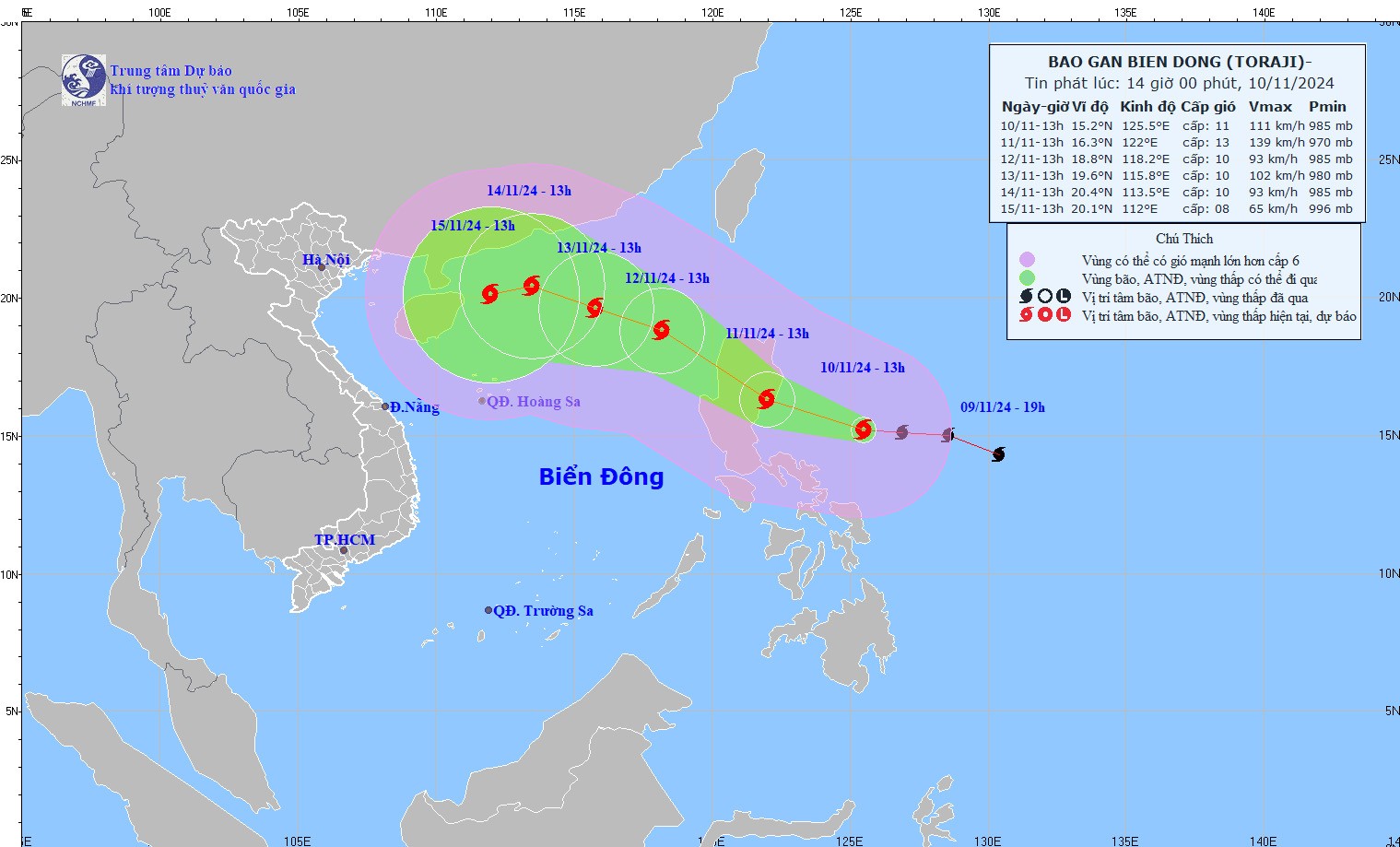 Hướng đi của bão Toraji. (Ảnh: nchmf.gov.vn) Hướng đi của bão Toraji. (Ảnh: nchmf.gov.vn)